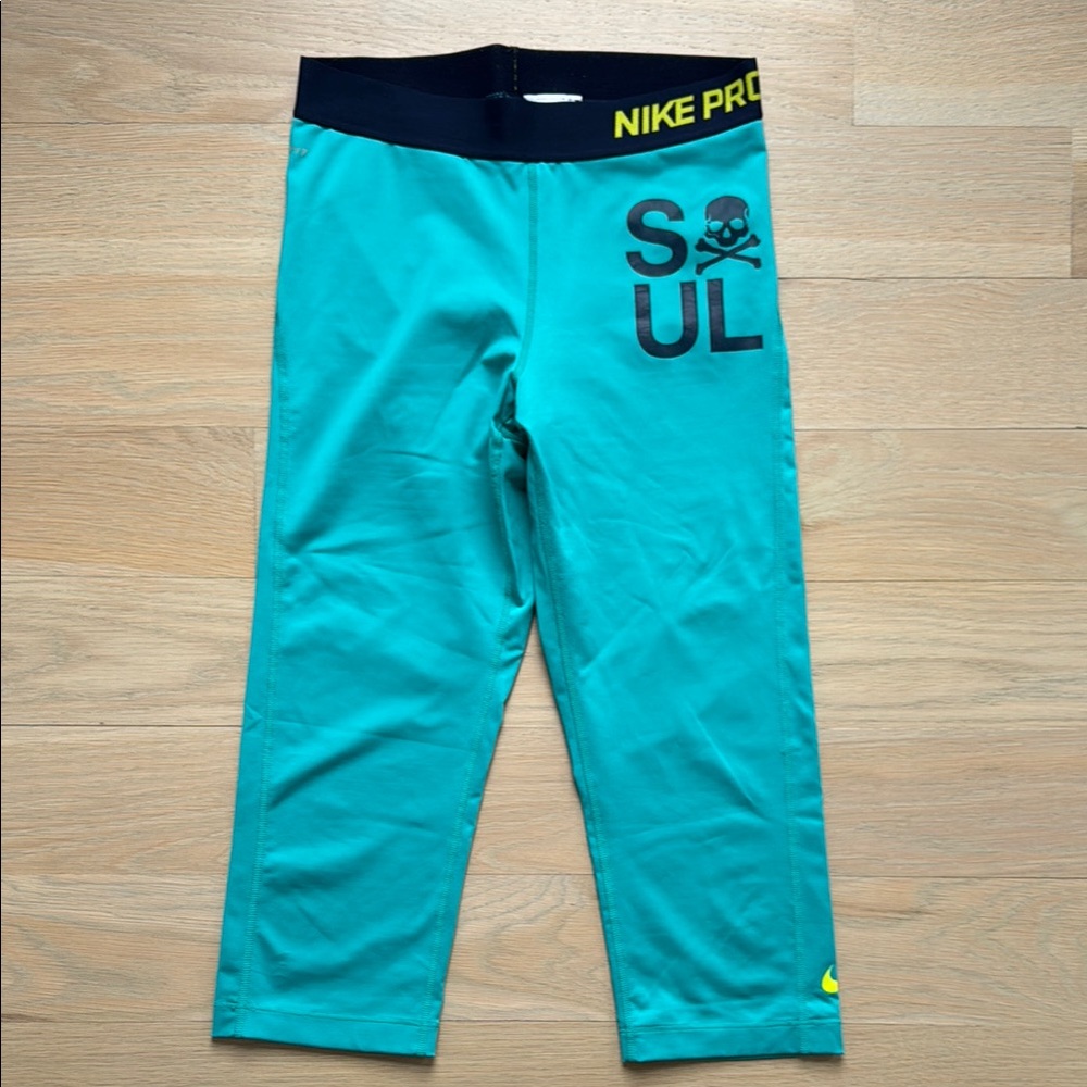 Nike Pro Teal Leggings with Black and Yellow Accents - Soul Cycle logo